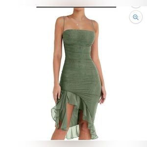 Green ruffle asymmetric mesh dress